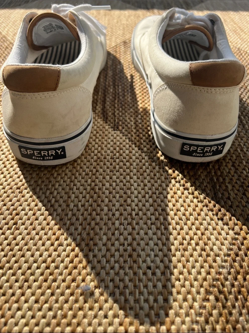 Sperry White Canvas Men's Boat Shoes with Tan Accents Size 11